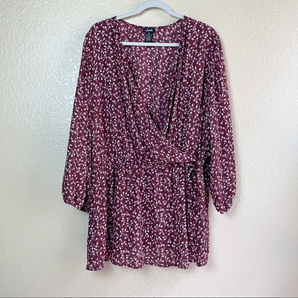 SHEIN Tops - SHEIN PLUS Burgundy Floral Faux Wrap Blouse, 3X